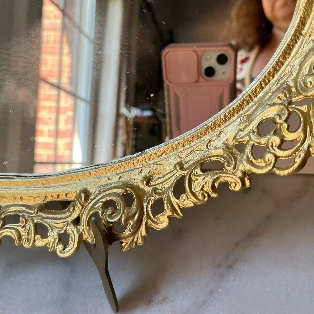 Vintage gold ornate oval wall mirror or vanity tray by Robert Emig 1960